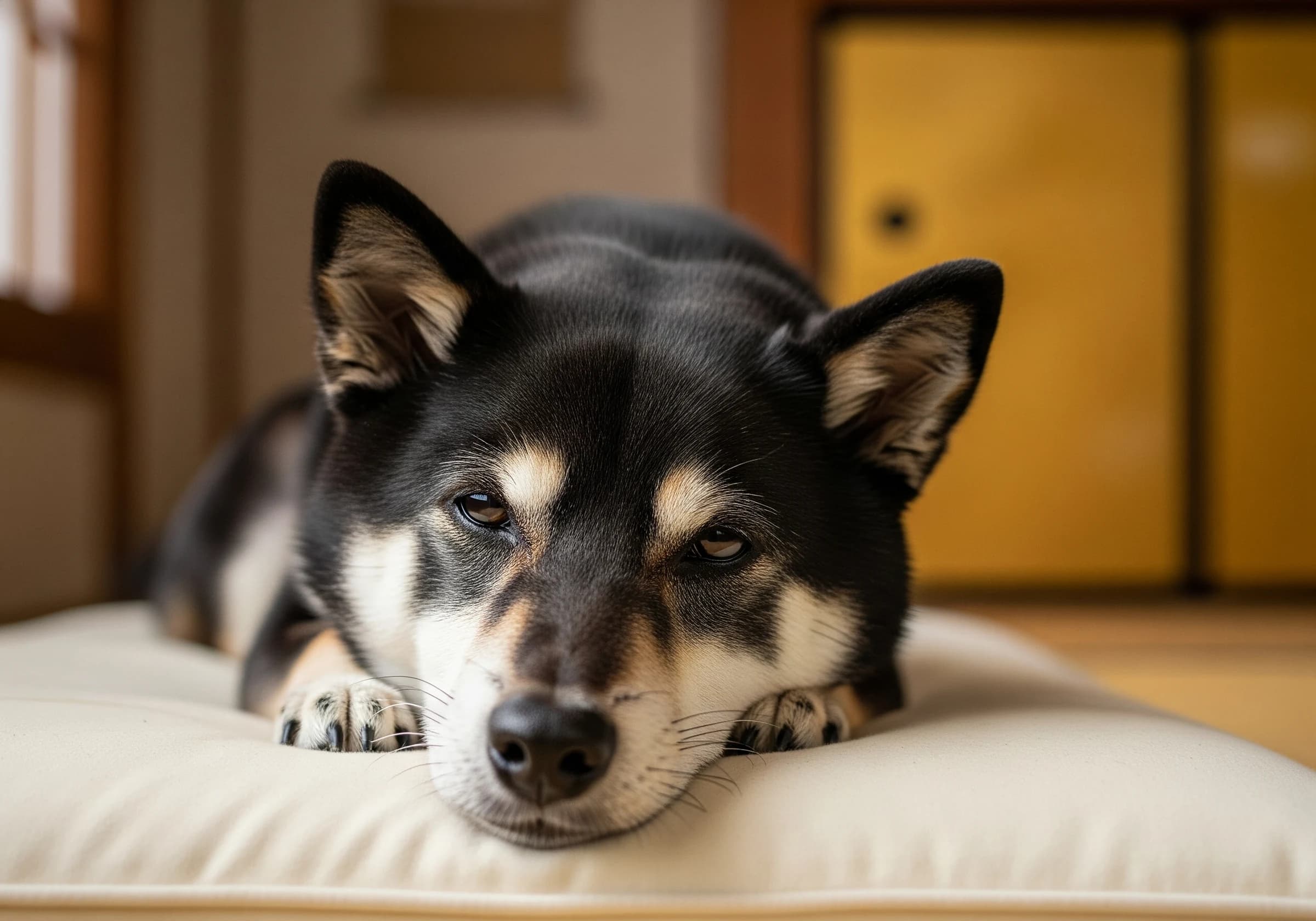 クッションでくつろぐ小さなシニア犬